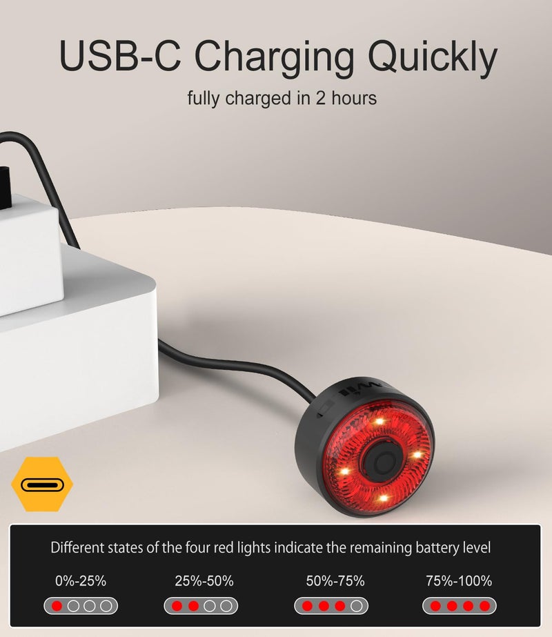 TOWILD TL03 Bike Tail Light Smart Brake Sensing Bike Rear Lights,Type-C Cable Waterproof Bicycle Back Lights Led Rechargeable Auto On/Off Flash Strobe Safety Red Taillight for Road Cycling Commuting - Image 2