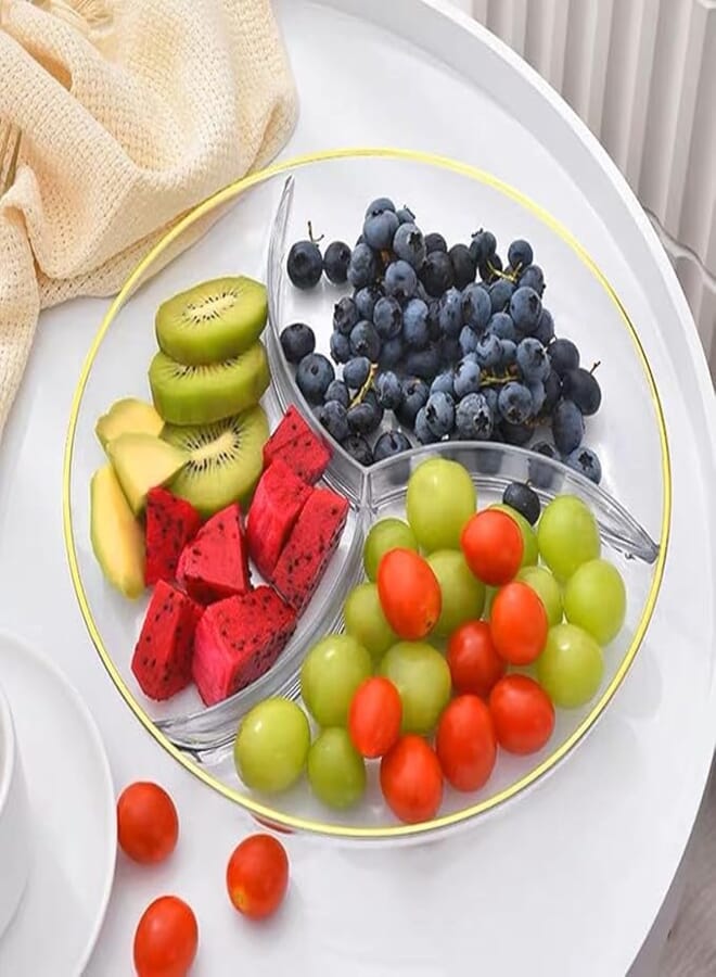 Spaceshoop Elegant Acrylic Fruit Tasley Plate 3 Divided Snack Fruit Food Desserts Appetizer Snack Party Food Storage (Transparent White)