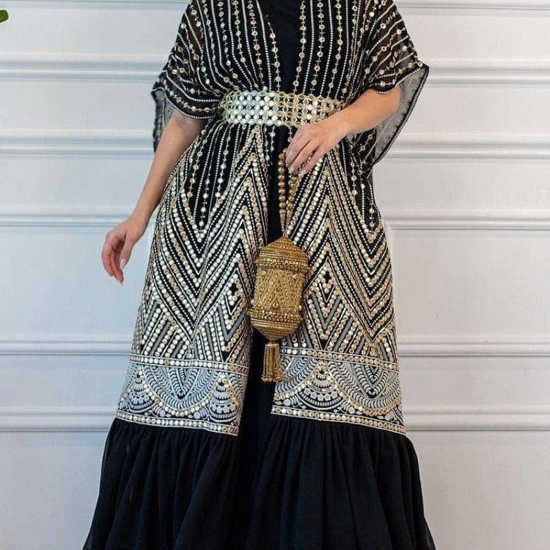 2023 Spring and Summer Cross-border Printed Fashion Urban Casual Bat Sleeve Pleated Vest Printed Belt Two-piece Set Black  - Image 2