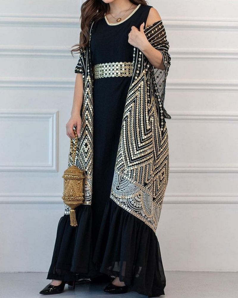 2023 Spring and Summer Cross-border Printed Fashion Urban Casual Bat Sleeve Pleated Vest Printed Belt Two-piece Set Black  - Image 3