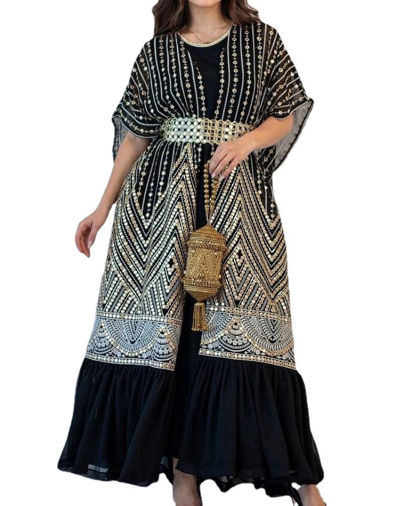 2023 Spring and Summer Cross-border Printed Fashion Urban Casual Bat Sleeve Pleated Vest Printed Belt Two-piece Set Black  - Image 4