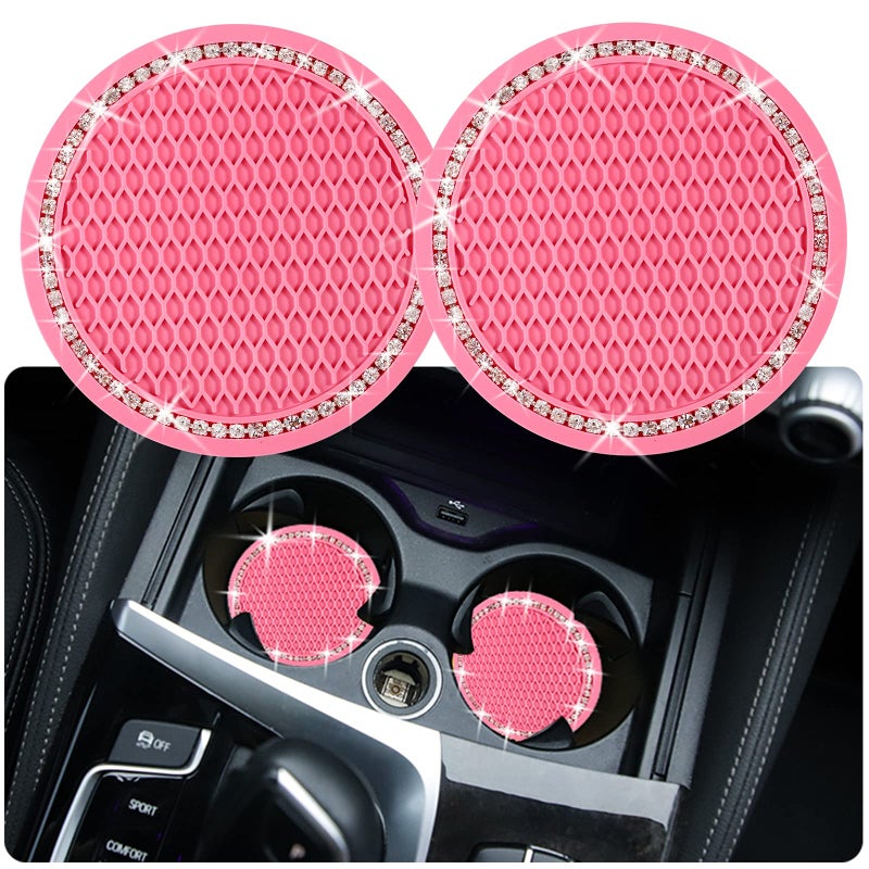 Tyhaui 2PCS Bling Car Cup Coaster 275 Inch Auto Cup Holder Insert Coasters Silicone AntiSlip Crystal Rhinestone Drink Mat Universal Vehicle Interior Accessories for Women Girls Pink - Image 3