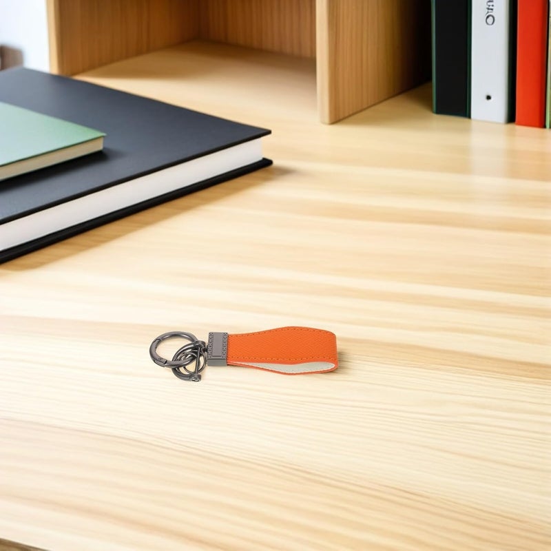Car Keychain Pendant Ring with Orange Faux Leather, Universal Rotatable D-ring Key Fob Holder for Men and Women, Anti-lost Car Key Chain Accessory - Image 5