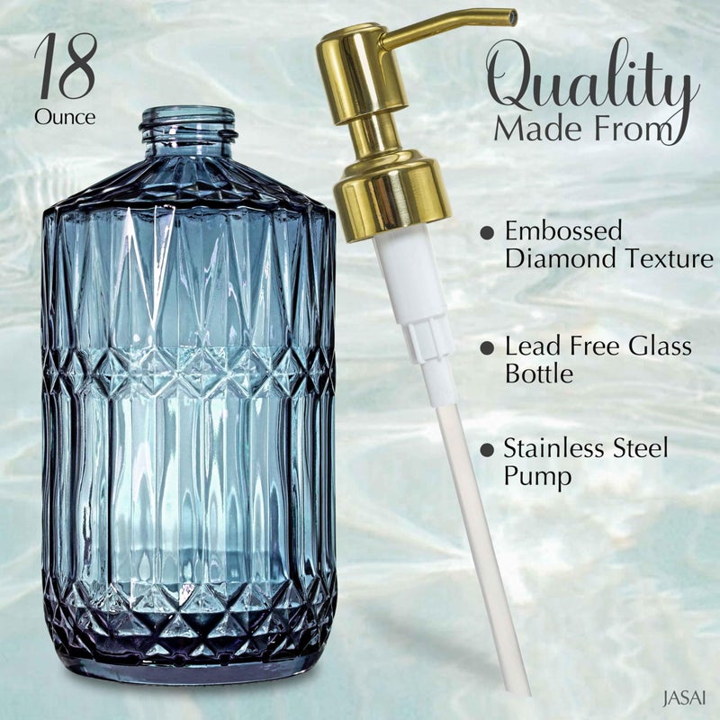 JASAI 18Oz Blue Glass Soap Dispenser with Golden Pump, Refillable Bathroom soap Dispenser with Thick Glass, Clear Kitchen Soap Dispenser for Dish Soap, Hand soap, Lotion.(Blue) - Image 2