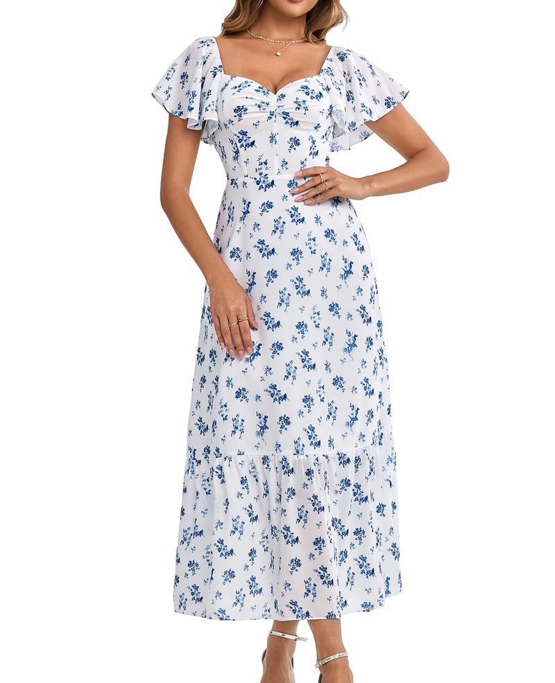 GLNEGE Women's 2026 Summer Midi Floral Boho Dresses Casual Flowy Beach Short Sleeve Dress Ruffle Hem Smocked Sundresses - Image 1