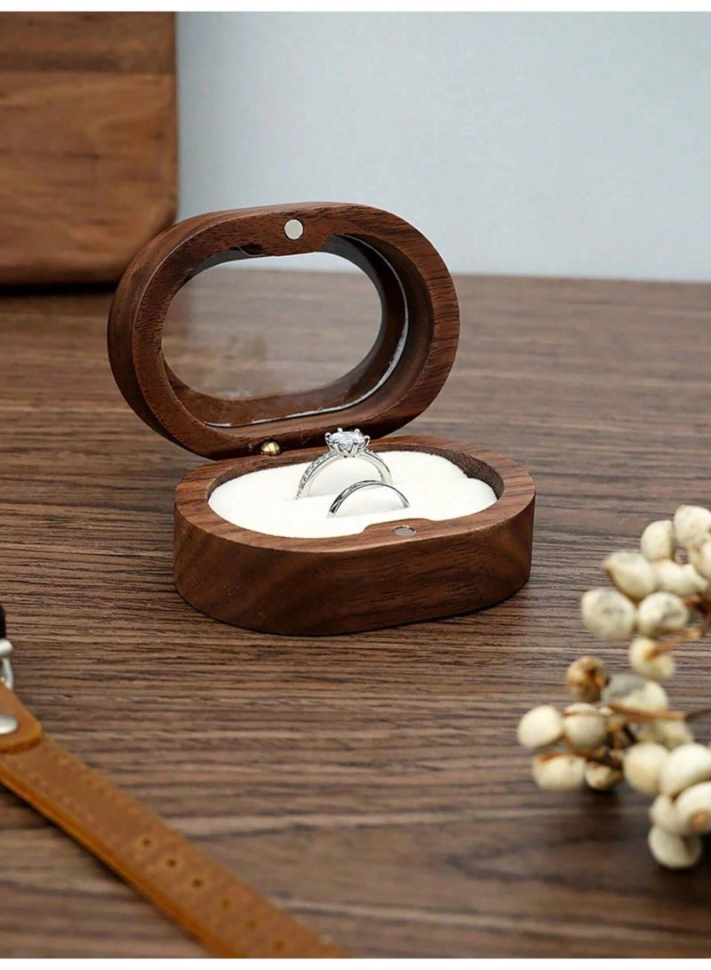 MAIDI Premium Walnut Wooden Double Ring Box with Clear Window, Elegant Engagement & Wedding Band Jewelry Display Holder with Magnetic Closure (7 x 5 x 3.5 cm) - Image 1
