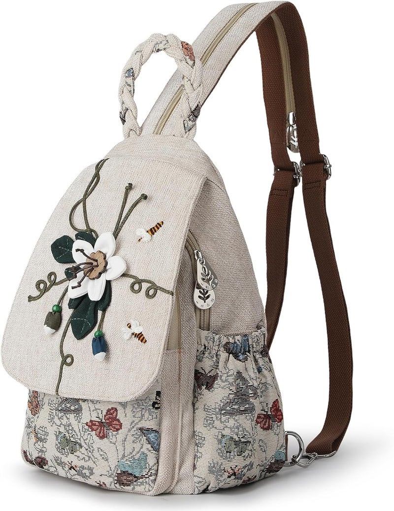 AULUDA Ladys Convertible Sling Bag, Hand Craft Artisan Purse, Girls Beautiful Canvas Premium Casual Day Mini Backpack for Women (Flower Bee) - Image 1