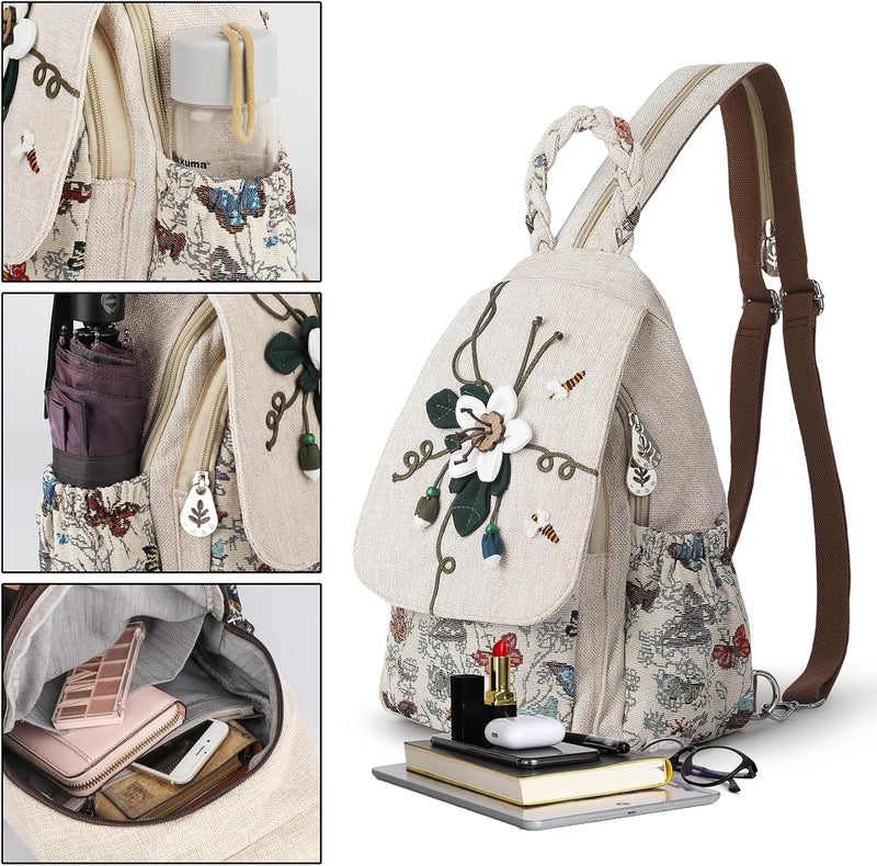 AULUDA Ladys Convertible Sling Bag, Hand Craft Artisan Purse, Girls Beautiful Canvas Premium Casual Day Mini Backpack for Women (Flower Bee) - Image 2