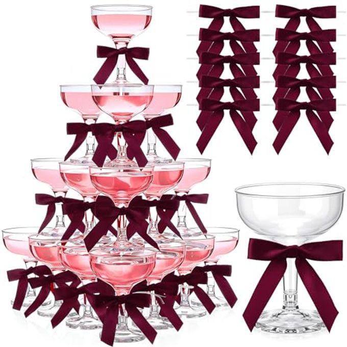 Zopeal Plastic Martini Glasses 5 oz Champagne Cups Margarita Cocktail Glasses with Bow 2.8 Inch for Valentine's Day Bachelor Home Bar Wedding Party Champagne Tower(Claret,30 Pcs)