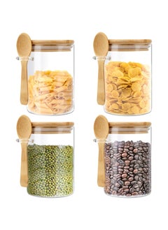Mash 500ml Round Glass Jar with Bamboo Spoon & Lid, Borosilicate Jar with Wooden Scoop Kitchen Food Storage Containers Airtight Lids Cereals Canisters Jars  - Image 1