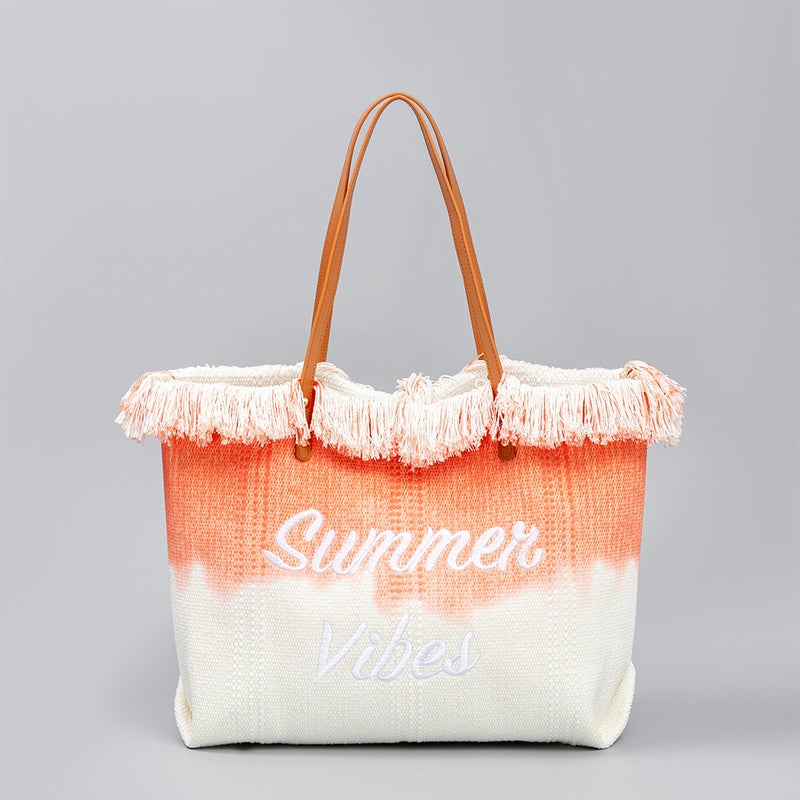 Embroidered Tote Bag Magnetic Snap Shoulder Beach Canvas ORANGE EMBROIDERY LETTERS 