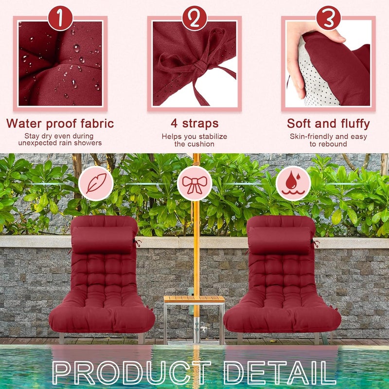 Tudomro 66'' Outdoor Chaise Lounge Cushion Waterproof Patio Lawn Pool Chaise Lounge Cushion with Headrest Pillow & Ties Weather Fade Resistant Replacement Longue Chair Pad - Image 4
