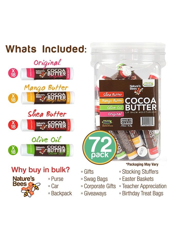 Nature's Bees , Cocoa Butter Lip Balms, Lip Moisturizer Treatment - Pack of 72, (Original Variety Assortments - Original, Olive Oil, Mango Butter, Shea Butter) Packaging May Vary - Image 3