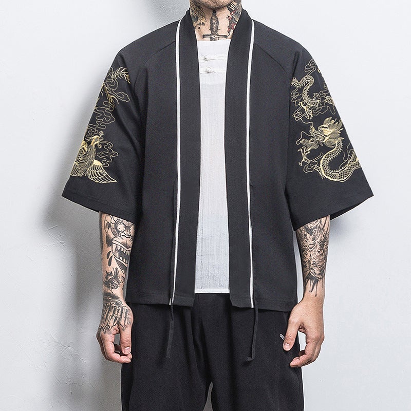 Chinese Style Shirt Mens Loose Cardigan Robe Japanese Style Dragon and Phoenix Crane Embroidery Seven-point Sleeve Hanfu Thin Coat 206 Black 