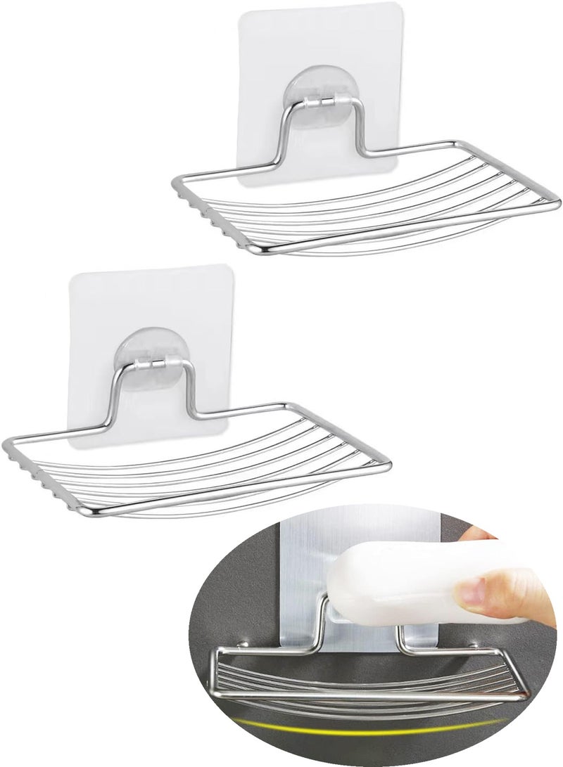 حامل صابون 2 عبوة صندوق صابون ذاتي الالتصاق صينية صابون من الفولاذ المقاوم للصدأ للمنزل والمطبخ والحمام بدون حفر حامل صابون لاصق مع خطافات، حامل صابون مقاوم للماء مثبت على الحائط لحوض الاستحمام وحوض المطبخ - Image 1