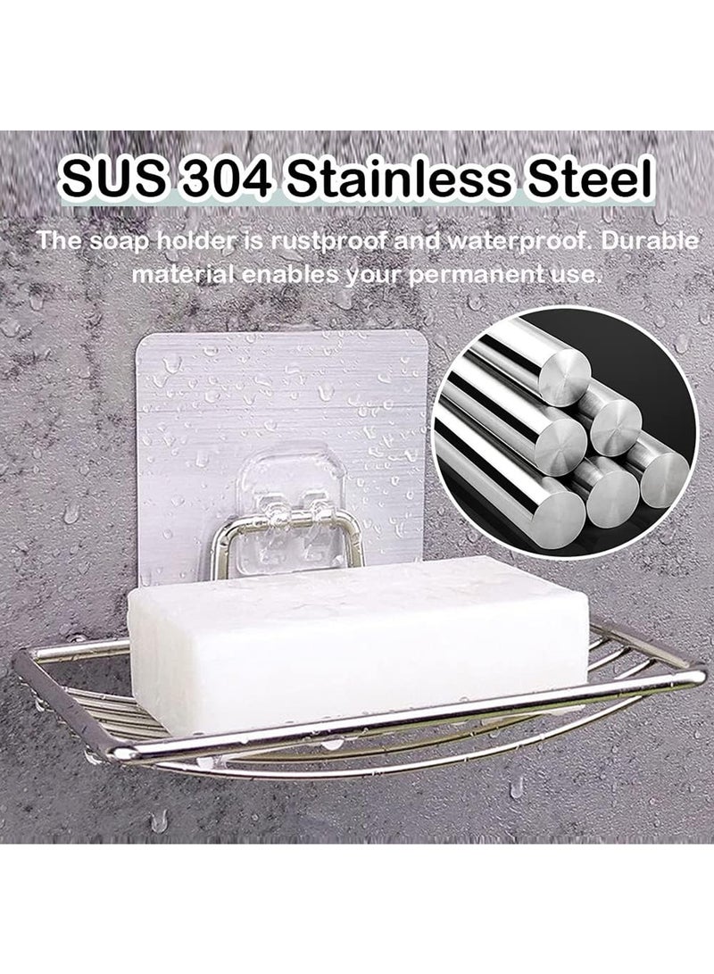 حامل صابون 2 عبوة صندوق صابون ذاتي الالتصاق صينية صابون من الفولاذ المقاوم للصدأ للمنزل والمطبخ والحمام بدون حفر حامل صابون لاصق مع خطافات، حامل صابون مقاوم للماء مثبت على الحائط لحوض الاستحمام وحوض المطبخ - Image 5