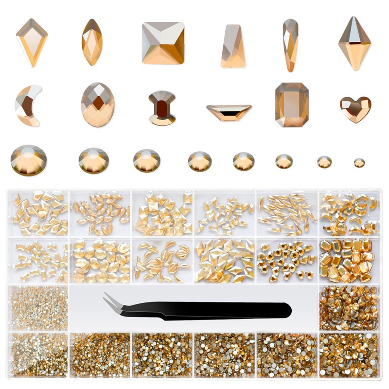 Molisaka Nail Rhinestones Set, Multi Shapes Champagne Gold Rhinestones for Nails, Mixed Size Nail Charms, Flatback Nail Jewels with Wax Pencil and Tweezers, Storage in Rinestones Set Box - Image 1