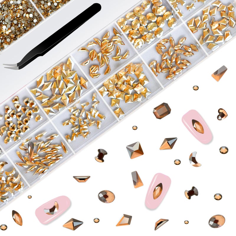 Molisaka Nail Rhinestones Set, Multi Shapes Champagne Gold Rhinestones for Nails, Mixed Size Nail Charms, Flatback Nail Jewels with Wax Pencil and Tweezers, Storage in Rinestones Set Box - Image 4