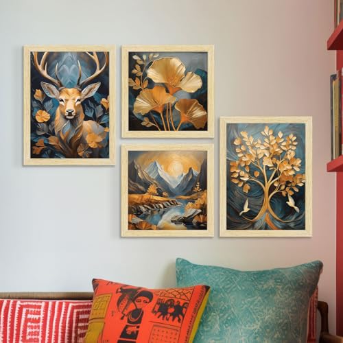 ArtX Paper Golden Deer Sunrise Scenery Flower Tree Art Paintings with Frame for Home Decor, Wall Painting for Living Room, Multicolor, Natural Wood Color Frames, Set of 4 - Image 1