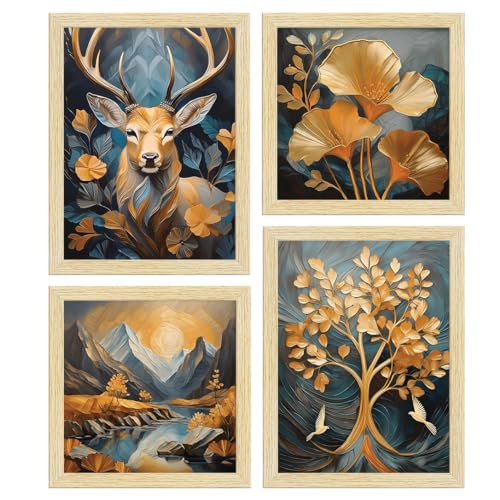 ArtX Paper Golden Deer Sunrise Scenery Flower Tree Art Paintings with Frame for Home Decor, Wall Painting for Living Room, Multicolor, Natural Wood Color Frames, Set of 4 - Image 2