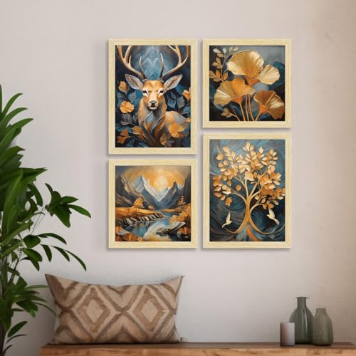 ArtX Paper Golden Deer Sunrise Scenery Flower Tree Art Paintings with Frame for Home Decor, Wall Painting for Living Room, Multicolor, Natural Wood Color Frames, Set of 4 - Image 3