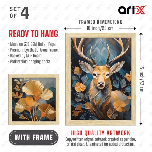 ArtX Paper Golden Deer Sunrise Scenery Flower Tree Art Paintings with Frame for Home Decor, Wall Painting for Living Room, Multicolor, Natural Wood Color Frames, Set of 4 - Image 4