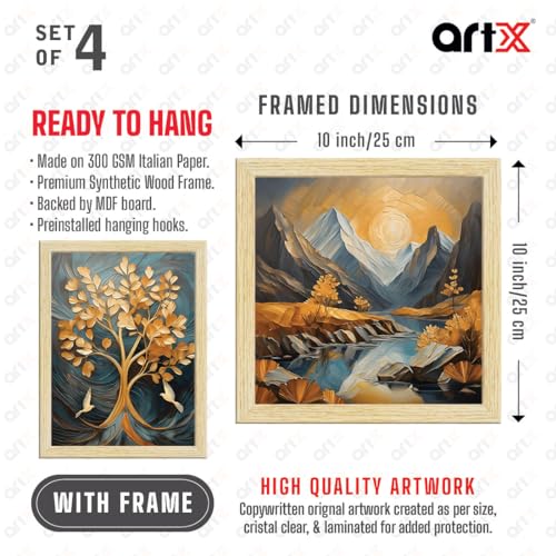 ArtX Paper Golden Deer Sunrise Scenery Flower Tree Art Paintings with Frame for Home Decor, Wall Painting for Living Room, Multicolor, Natural Wood Color Frames, Set of 4 - Image 5