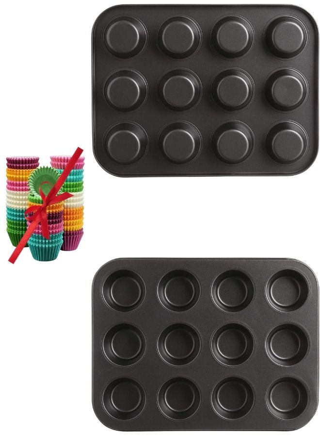Set of 2 Cupcake Baking Trays (12 Cups Each) with 200 Cupcake Paper Liners – Non-Stick Metal Muffin Pans for Baking Cupcakes, Muffins, and Desserts – Durable, Easy-to-Clean Bakeware Set - Image 1