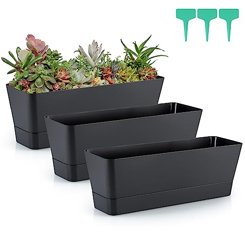 Skelang 3 Pcs Rectangular Plant Pot, 12" Flower Planter Box, Windowsill Container for Succulent, Herb, Vegetable (Black) - Image 1