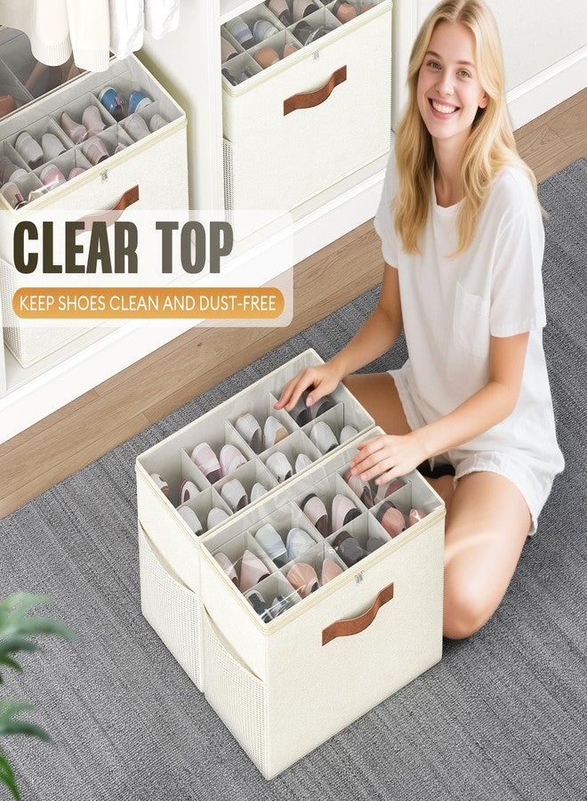 Budding Joy 2 Pack Shoe Organizer for Closet, Clear Foldable Shoe Storage Containers Adjustable Dividers Fits 16 Pairs,Shoe Storage Bins Baskets Boxes with Reinforced Handles Beige - Image 4