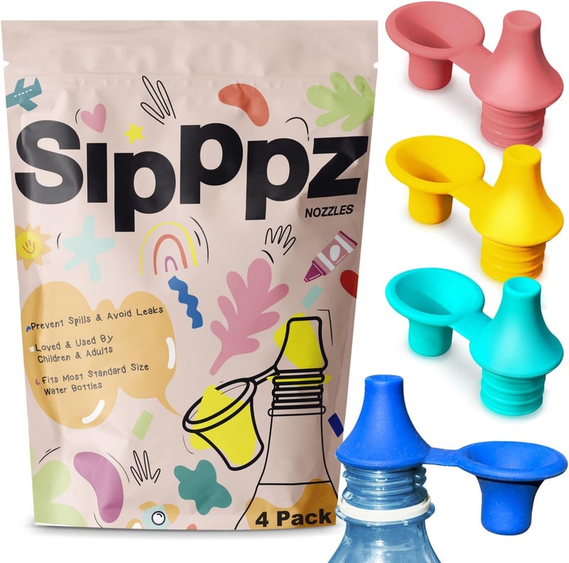 Samorillo 4 Pack Sipppz Nozzles  No Spill Silicone Bottle Top Spout  Soft Flexible Silicone  Blue Green Yellow Pink  Fit Most Standard Bottles  BPAFree LatexFree LeadFree - Image 1