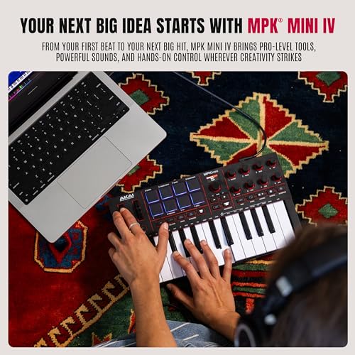 Akai Professional أكاي بروفيشنال MPK Mini IV وحدة تحكم لوحة مفاتيح MIDI عبر USB-C للمبتدئين والمنتجين - أزرار MPC للطبول، مقابض 360°، عجلات النغمة والتعديل، برنامج الإنتاج، حزمة أصوات Native Instruments، أسود - Image 2