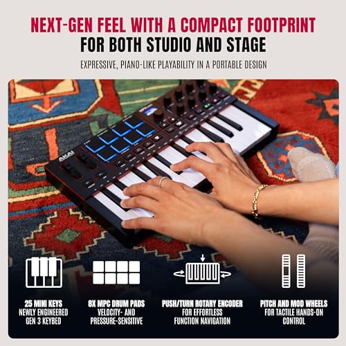 Akai Professional أكاي بروفيشنال MPK Mini IV وحدة تحكم لوحة مفاتيح MIDI عبر USB-C للمبتدئين والمنتجين - أزرار MPC للطبول، مقابض 360°، عجلات النغمة والتعديل، برنامج الإنتاج، حزمة أصوات Native Instruments، أسود - Image 3