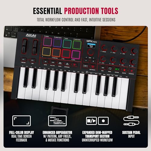Akai Professional أكاي بروفيشنال MPK Mini IV وحدة تحكم لوحة مفاتيح MIDI عبر USB-C للمبتدئين والمنتجين - أزرار MPC للطبول، مقابض 360°، عجلات النغمة والتعديل، برنامج الإنتاج، حزمة أصوات Native Instruments، أسود - Image 5