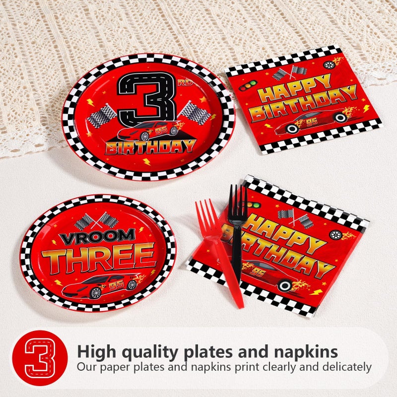 Grencian 96Pcs Red Race Car 3rd Birthday Party Decorations Supplies Hot Car Plates and Napkins Racing Themed Disposable Tableware Set for 3 years old Boys Transportation Birthday Party Serve 24 - Image 4