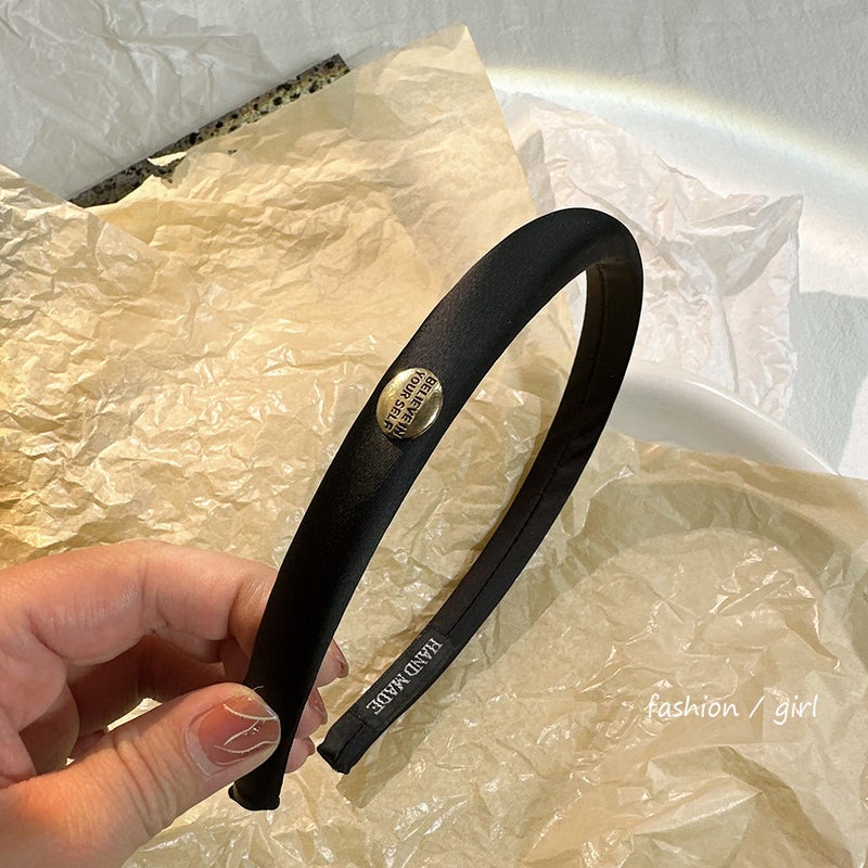 French Vintage Oval Buckle Letter Silk Hair Ties High-end Feel Simple Versatile Solid Color Sponge Hair Clips For Women 2981-4-Black Fine Edition Oval Gold Buckle Headband
