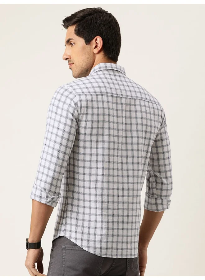 شركة المرآب الهندية White Slim Fit Casual Other Checks Spread Collar Full Sleeves Cotton Shirt