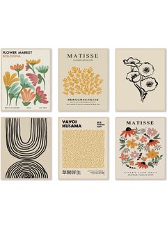 Matisse Wall Art Prints Set of 6, Abstract Matisse Wall Art Exhibition Posters Beige Yellow Line Art Flower Market Art Prints Yayoi Kusama Poster, Boho Canvas Matisse Paintings Pictures for Aesthetic