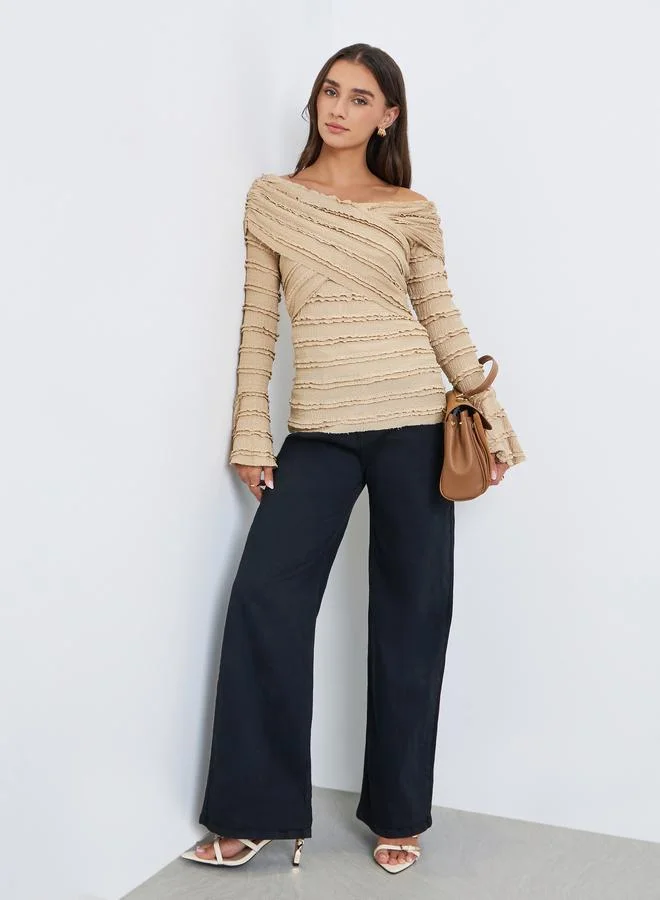 Styli Ruffled Long Sleeve Crisscross Blouse