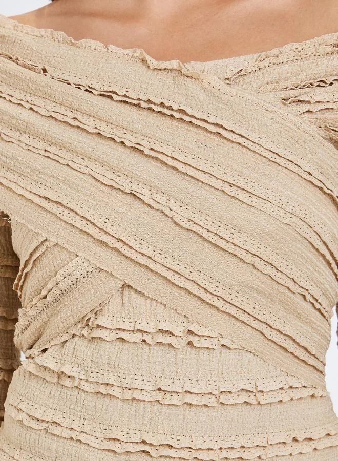 Styli Ruffled Long Sleeve Crisscross Blouse