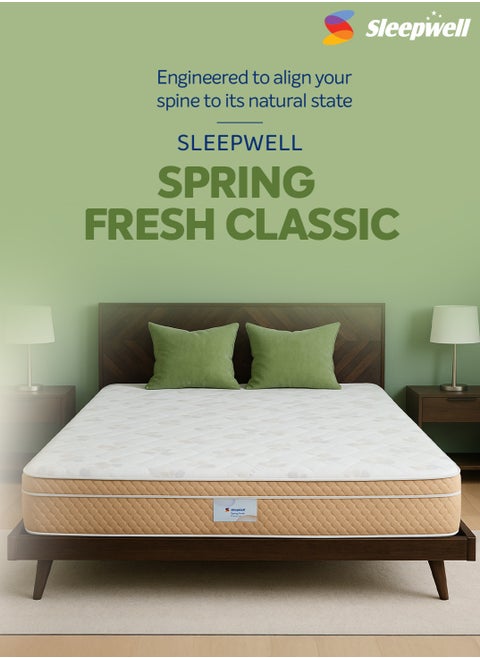 Sleepwell Spring Fresh Classic | 3 Zone Profiled Resitec Foam | Twin Bed Size | Pocket Spring | Neem Fresche Technology | Anti Sag Mattress (200L x 120W x 25H cm)