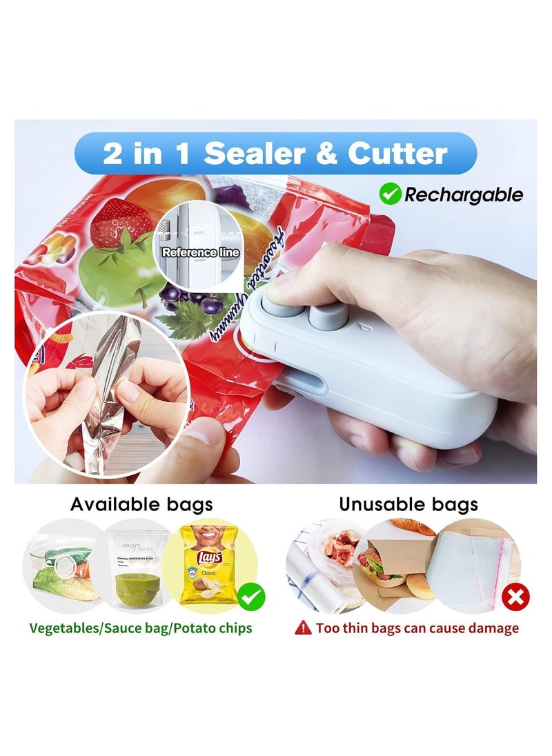 Excefore - Mini Bag Sealer, 2 in 1 Heat Sealer For Snacks, Rechargeable Handheld Plastic Bag Resealer, Vacuum Bag Sealing Machine Portable, Keep Food Chips Cookies Fresh (White) - Image 1