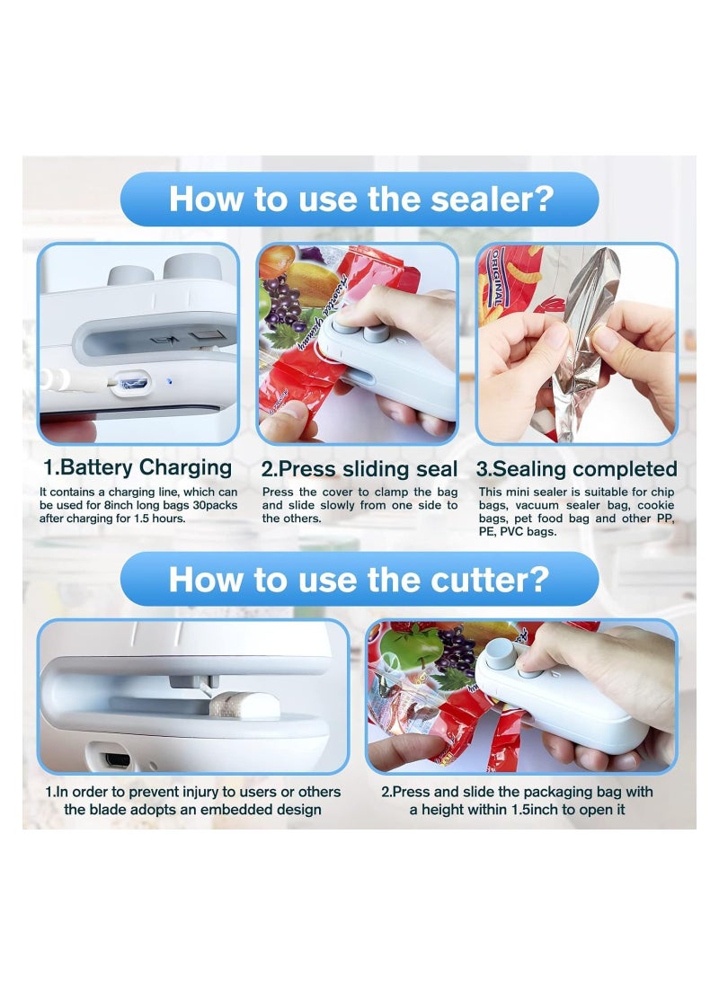 Excefore - Mini Bag Sealer, 2 in 1 Heat Sealer For Snacks, Rechargeable Handheld Plastic Bag Resealer, Vacuum Bag Sealing Machine Portable, Keep Food Chips Cookies Fresh (White) - Image 1