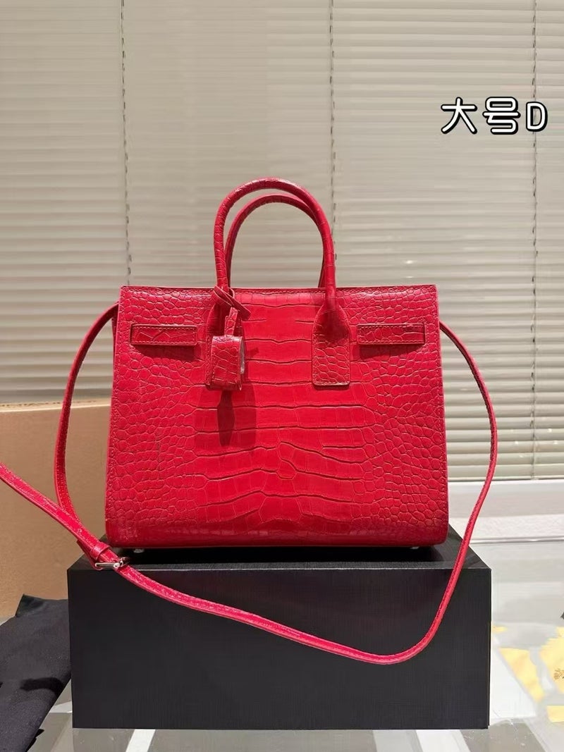 Red Leather Crocodile Pattern Tote Bag with Accordion Design