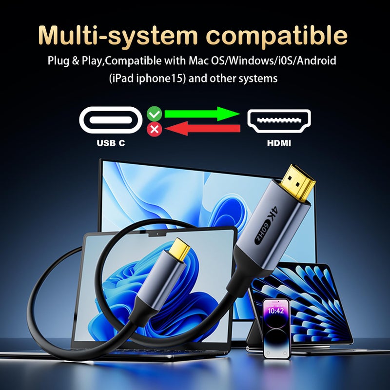 DiamondTiger 4K 60Hz USB-C to HDMI Cable, 3.3Ft/1M High-Speed USB 3.1 Type-C (Source) to HDMI (Display) Cord, (Thunderbolt 4/3 Compatible) for MacBook Pro/Air, iPhone 15/16, iPad Pro, iMac(3.3Ft/1M) - Image 3