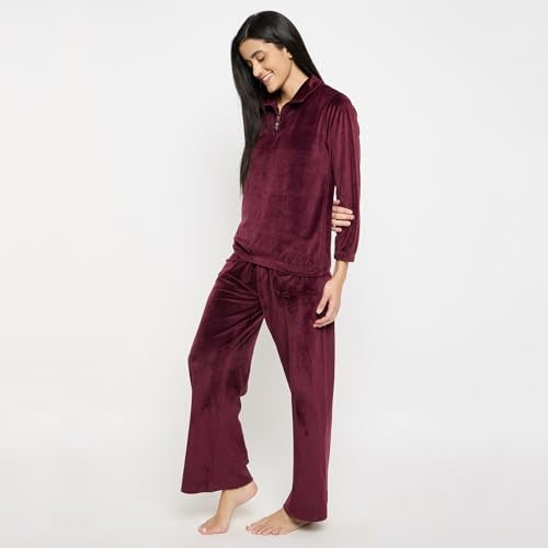 CAMEY Velvet Loungewear Set, Quarter Zip Pullover with Elastic Pants, Soft Cosy Sleepwear (Maroon, L) - Image 3