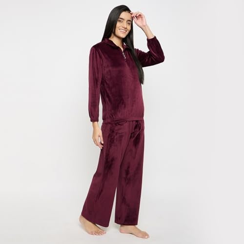 CAMEY Velvet Loungewear Set, Quarter Zip Pullover with Elastic Pants, Soft Cosy Sleepwear (Maroon, L) - Image 4