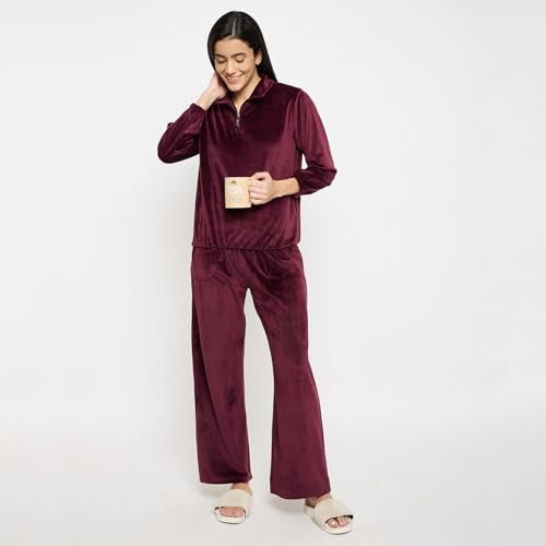 CAMEY Velvet Loungewear Set, Quarter Zip Pullover with Elastic Pants, Soft Cosy Sleepwear (Maroon, L) - Image 2