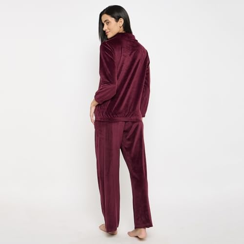 CAMEY Velvet Loungewear Set, Quarter Zip Pullover with Elastic Pants, Soft Cosy Sleepwear (Maroon, L) - Image 5
