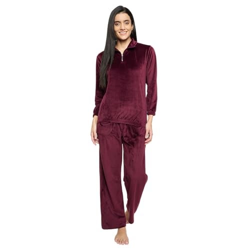 CAMEY Velvet Loungewear Set, Quarter Zip Pullover with Elastic Pants, Soft Cosy Sleepwear (Maroon, L) - Image 1